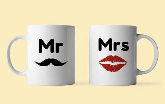 Mr & Mrs moustache/lips mugs